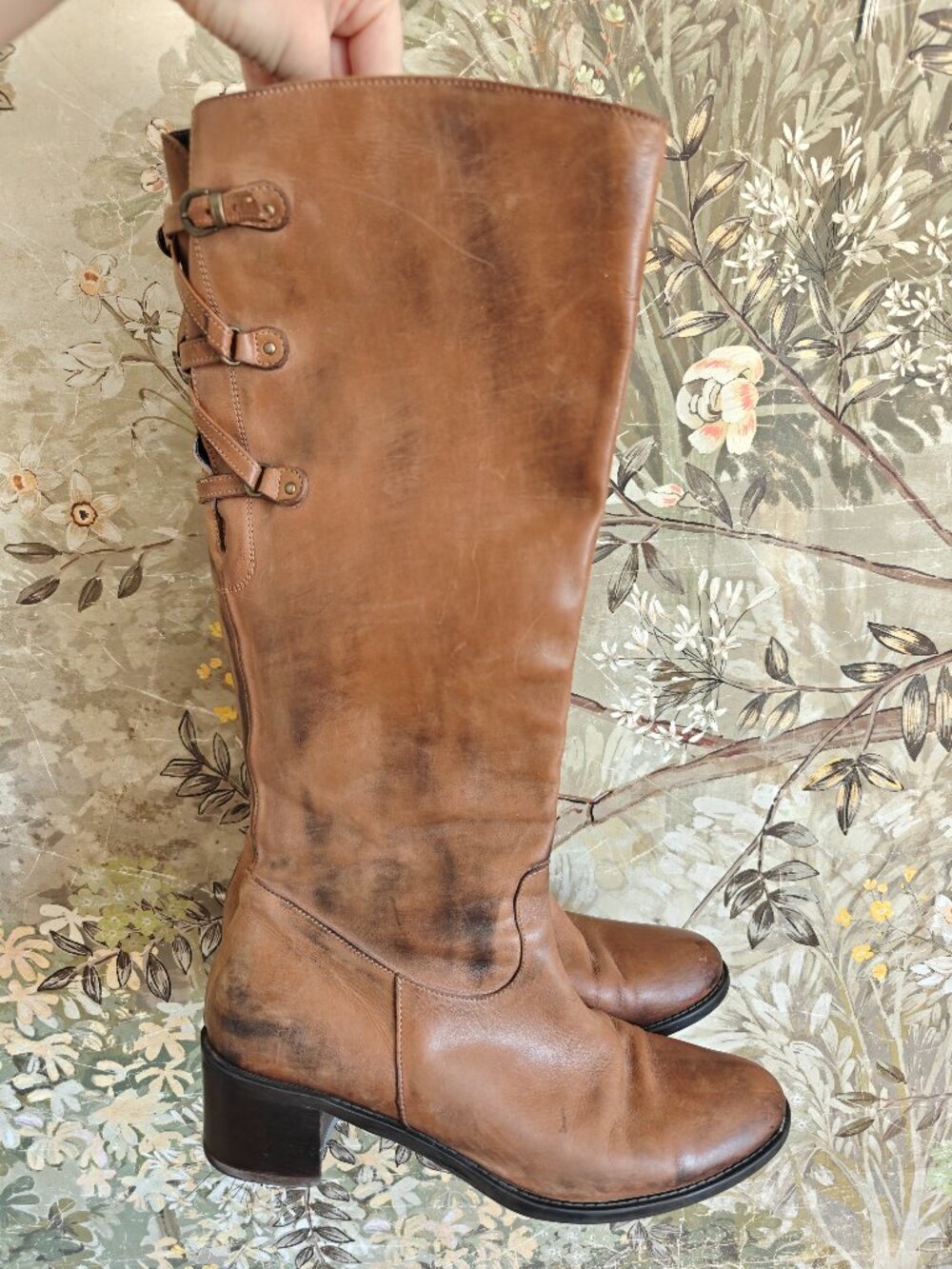 Donna Piu' Cognac Tan Distressed Leather Tall Buckle Riding Boots EU 41